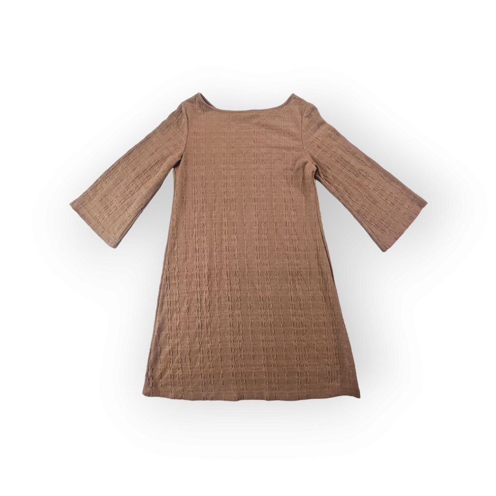 Sharagano Dress 8P Brown A-Line  Textured Bell Sleeves Collarless Business Wear